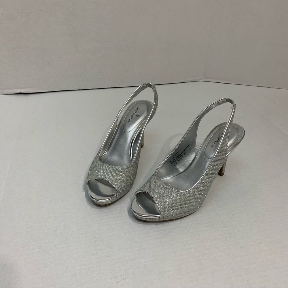 Worthington Dayne Silver Metallic Peep Toe‎ 3.5” Heels Sz 7